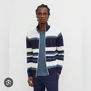 Club Monaco Men's Striped Full-Zip Sweater - Navy and White